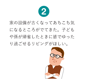 家の設備が古くなってあちこち気になるところがでてきた。子どもや孫が帰省したときに皆でゆったり過ごせるリビングがほしい。